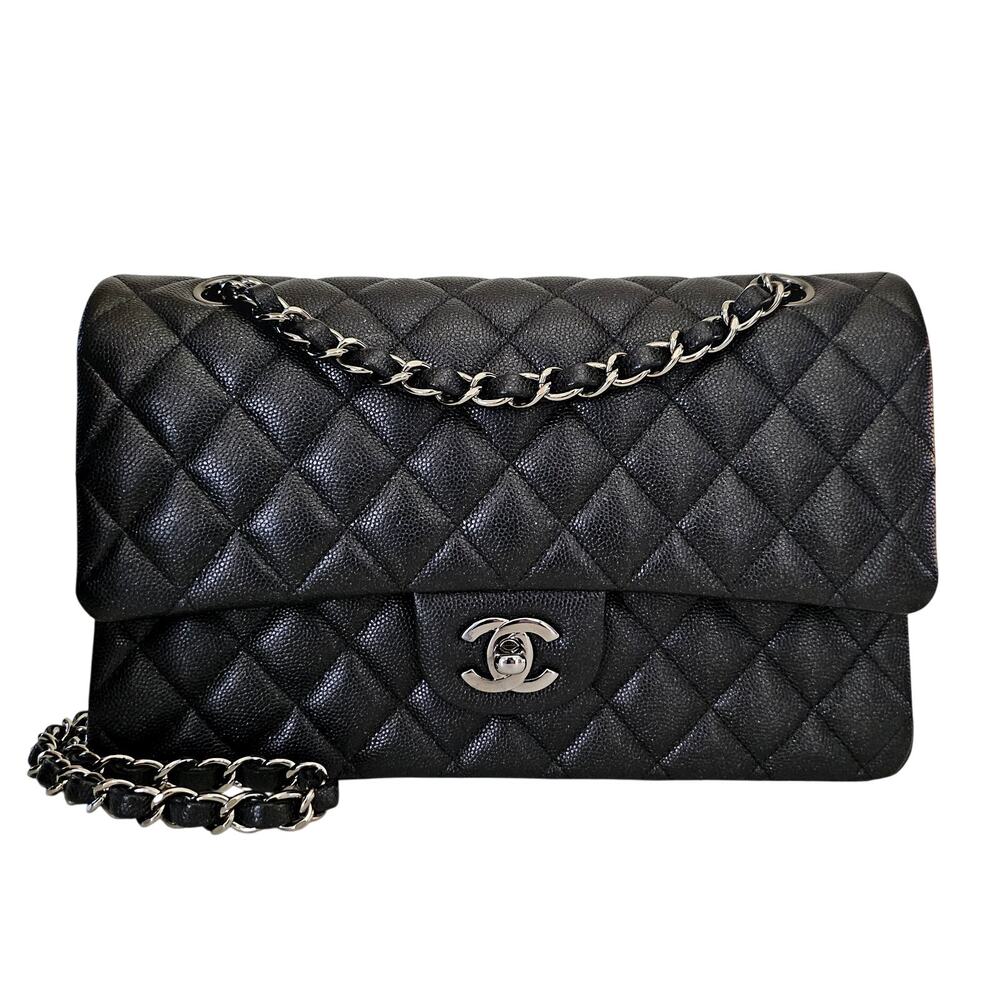 Chanel Classic Medium Glitter Flap 18C Iridescent Black Caviar Gunmetal Hardware